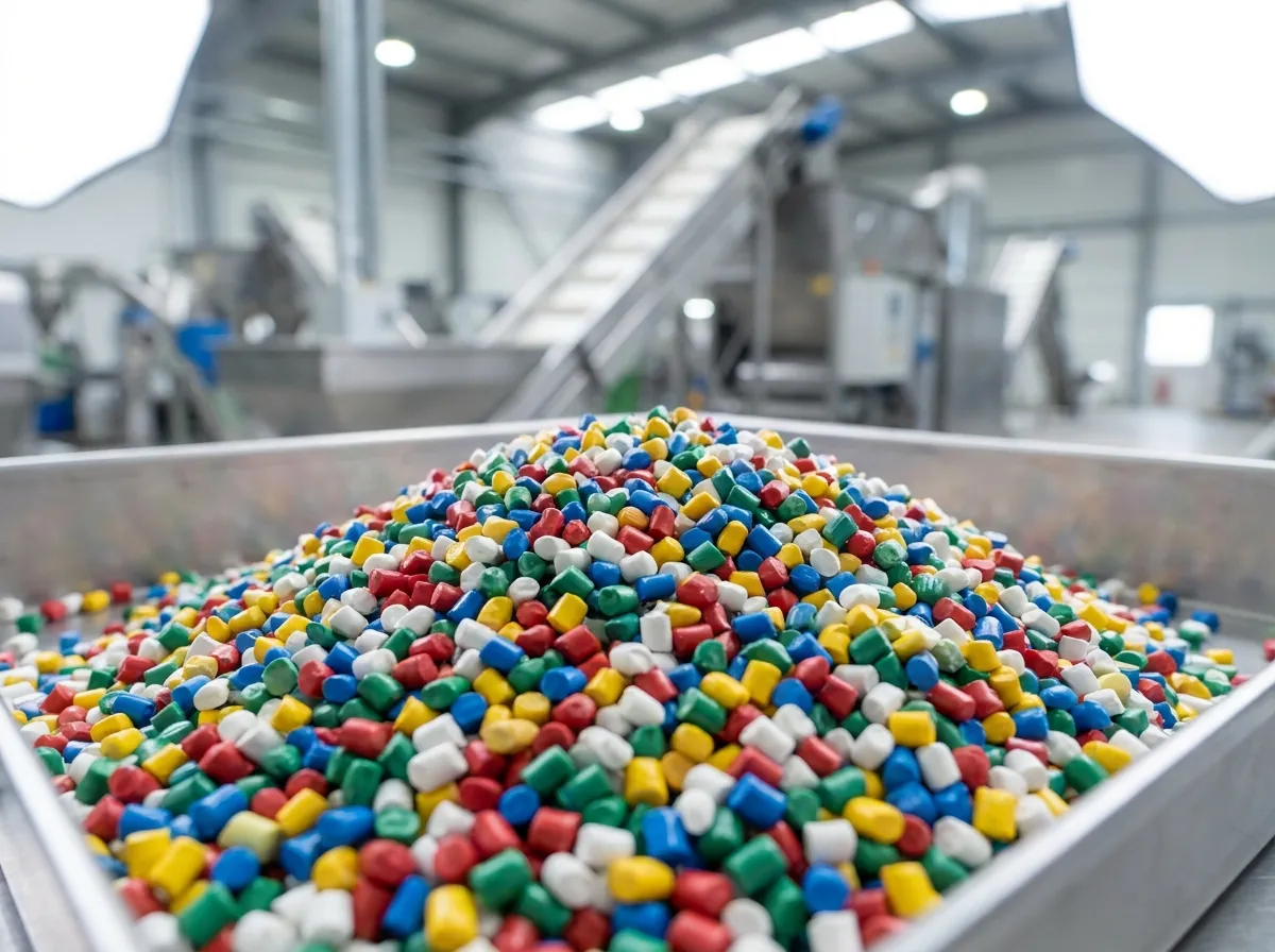 Recycled plastic granules output from Plastivo plastic recycling machine