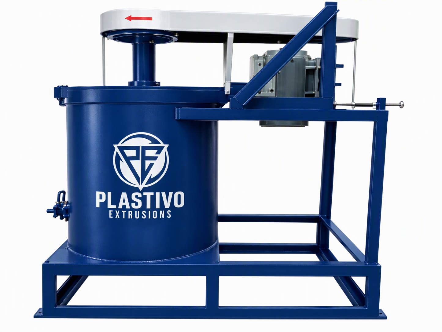 Blue cylindrical plastic washing machine with steel frame, Plastivo Extrusions.