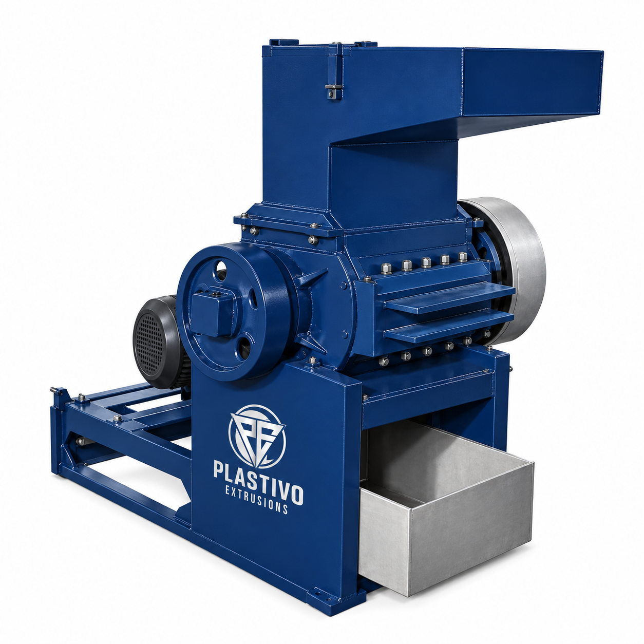 Blue scrap grinder machine with stainless steel discharge tray, Plastivo Extrusions.