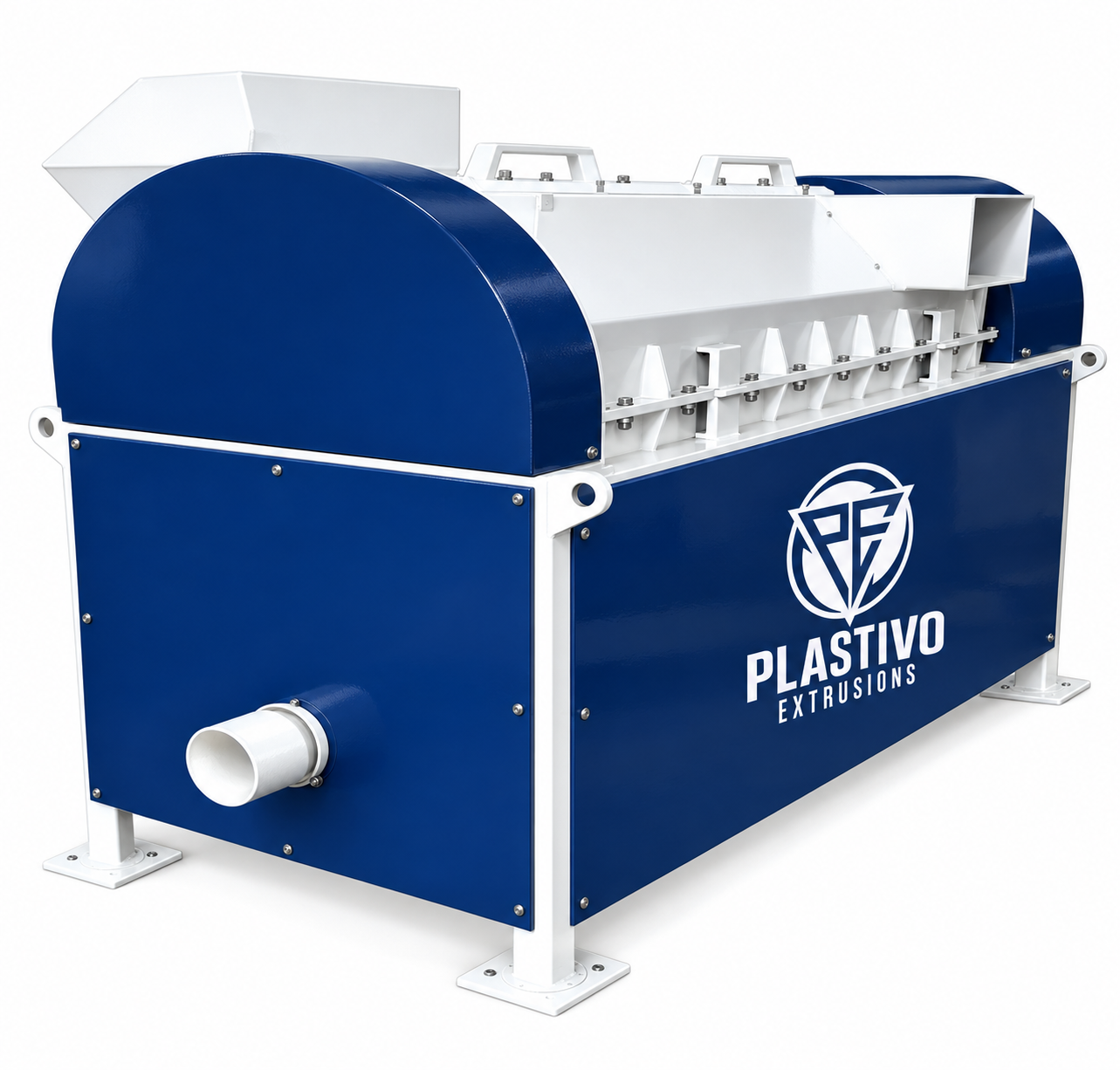 Blue raffia cutting machine with white hopper and side outlet, Plastivo Extrusions.