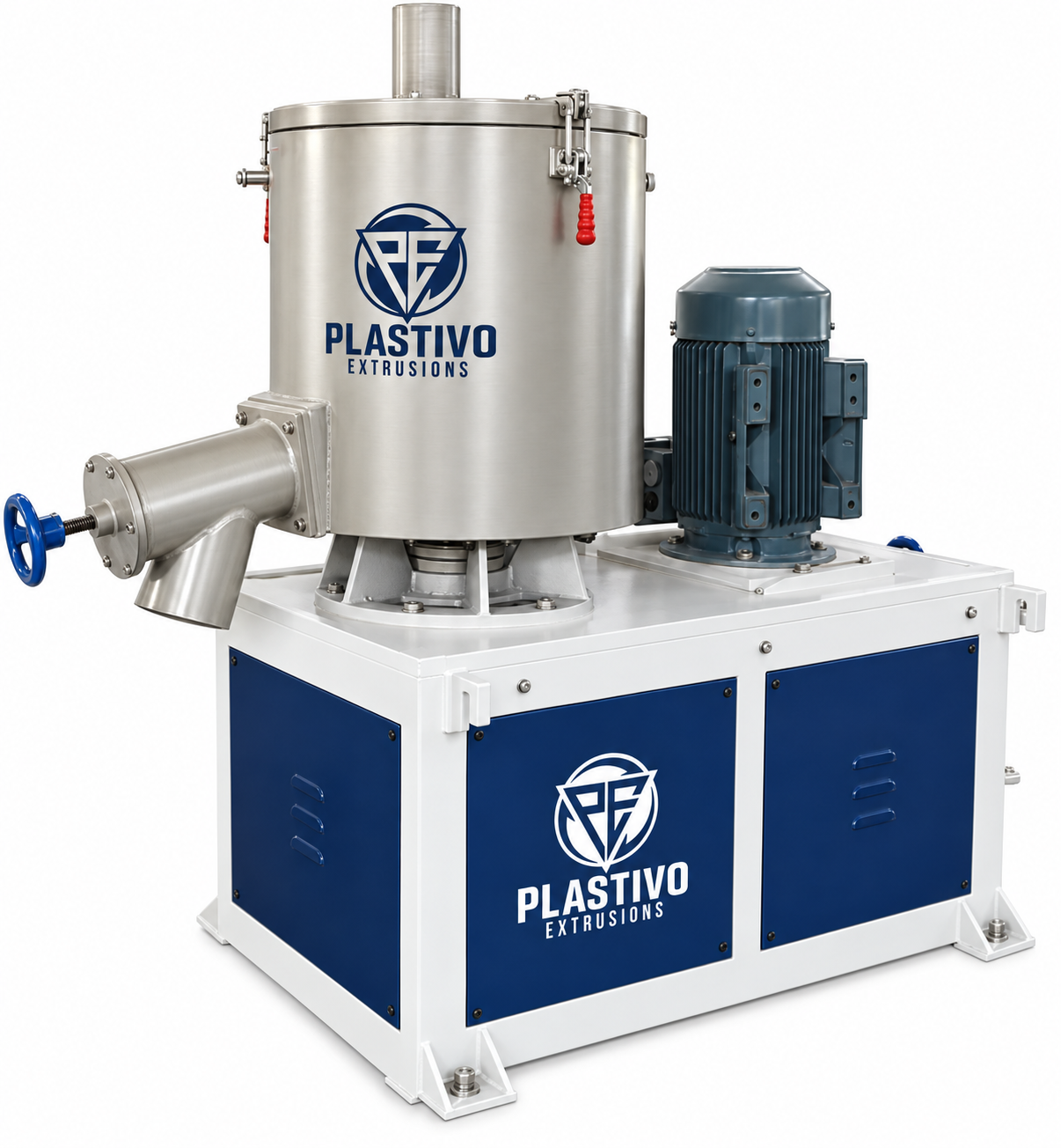 Stainless steel heater mixer machine with side discharge valve and motor, Plastivo Extrusions.
